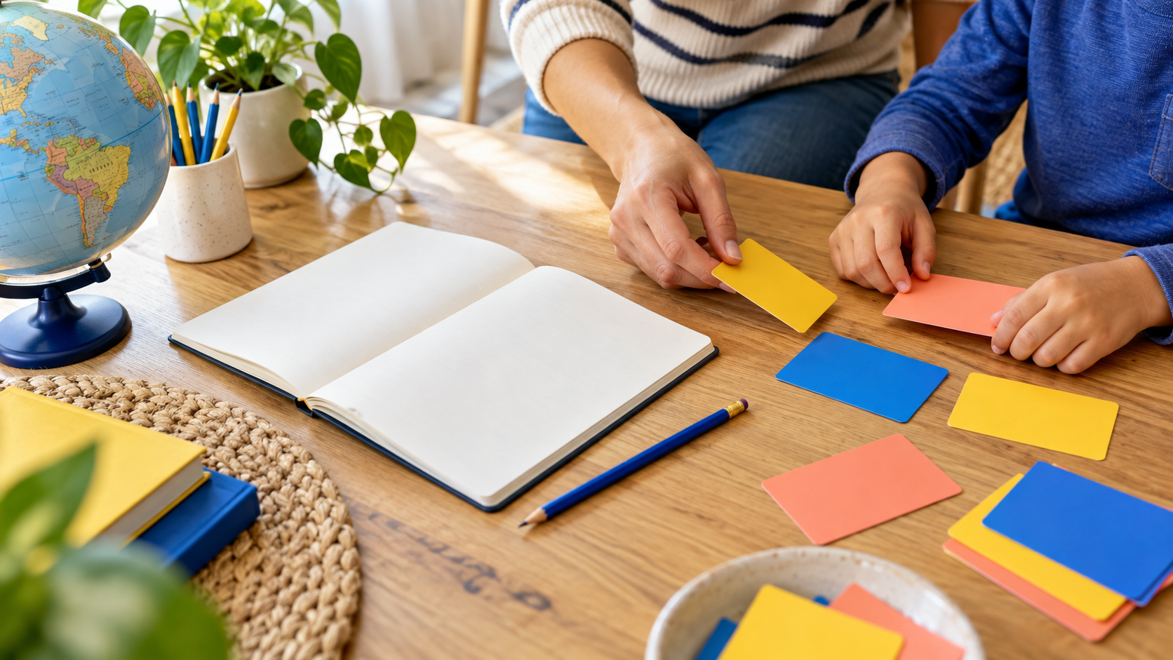 An adult and child arrange colorful study cards together